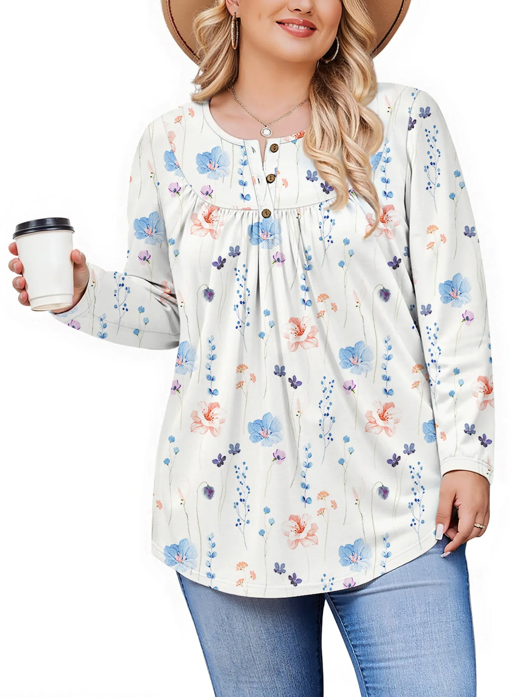 plus Size Womens Blouses Long Sleeve Floral Tunic Tops Henley Neck Flowy Fall Shirts