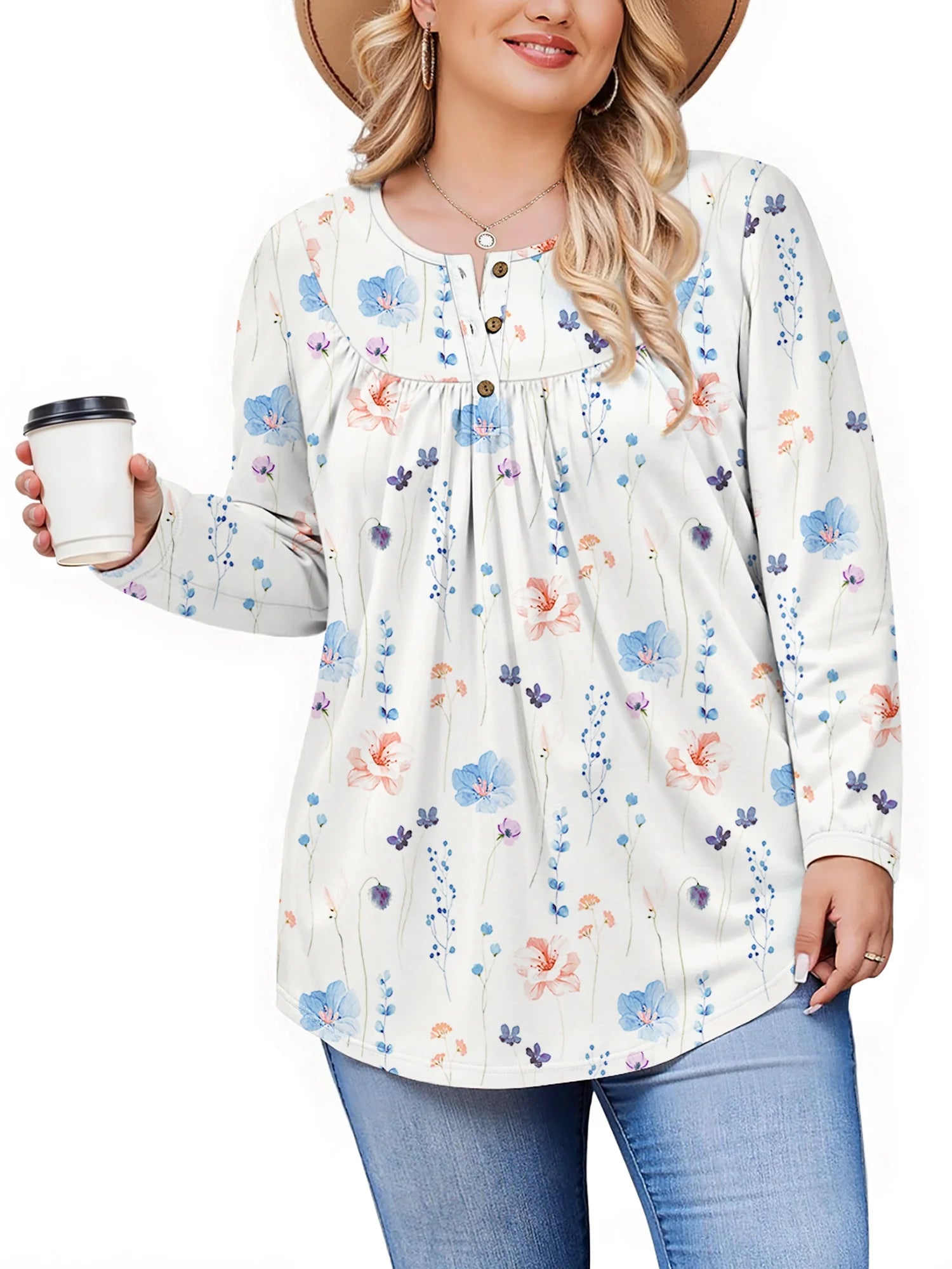 plus Size Womens Blouses Long Sleeve Floral Tunic Tops Henley Neck Flowy Fall Shirts