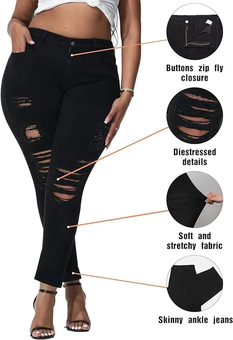 Womens plus Size Stretch Distressed Ripped Skinny Black Denim Jeans Pants (L0023XL)