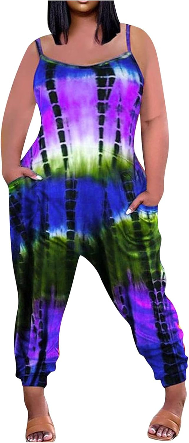 Jumpsuits for Women, Casual Summer Tie-Dye Print Overalls plus Size Suspenders Playsuit Backless Rompers with Pocket Purple