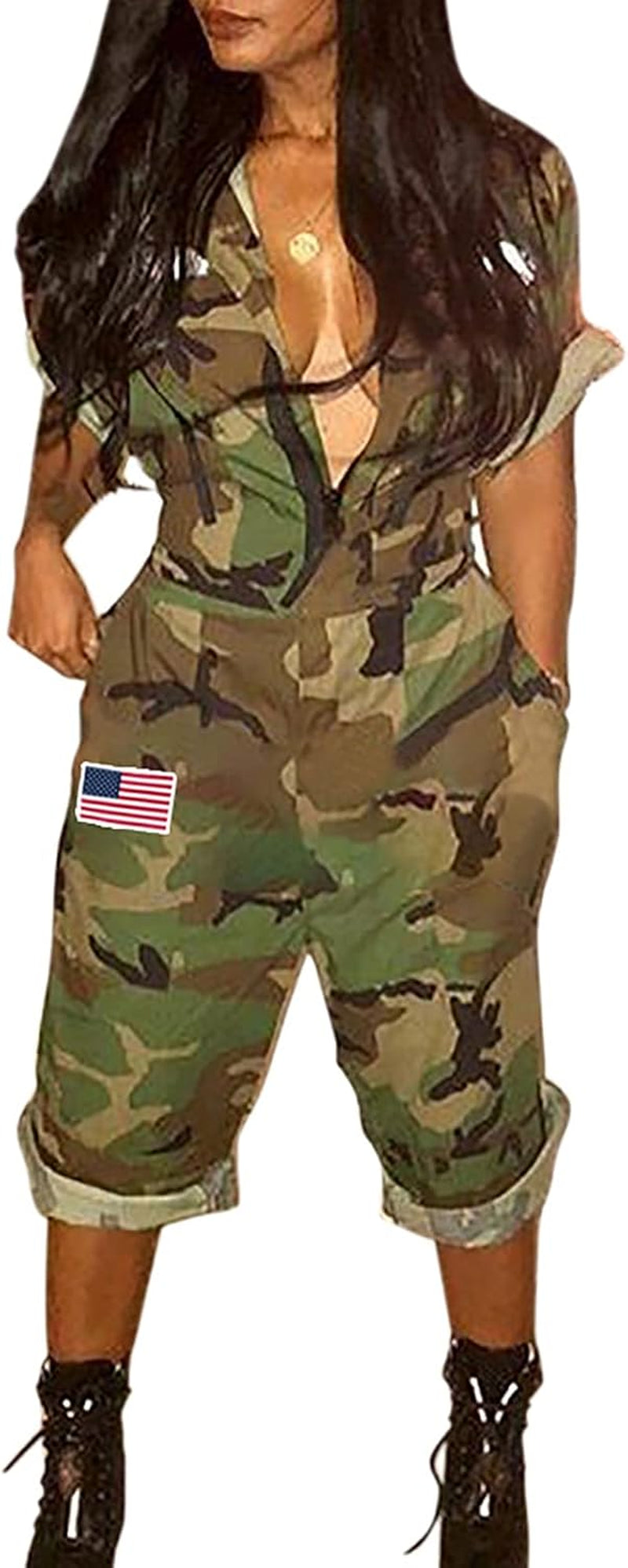Women'S Casual Camo Jumpsuits, Camouflage Short Sleeve One-Piece Rompers with Pocket