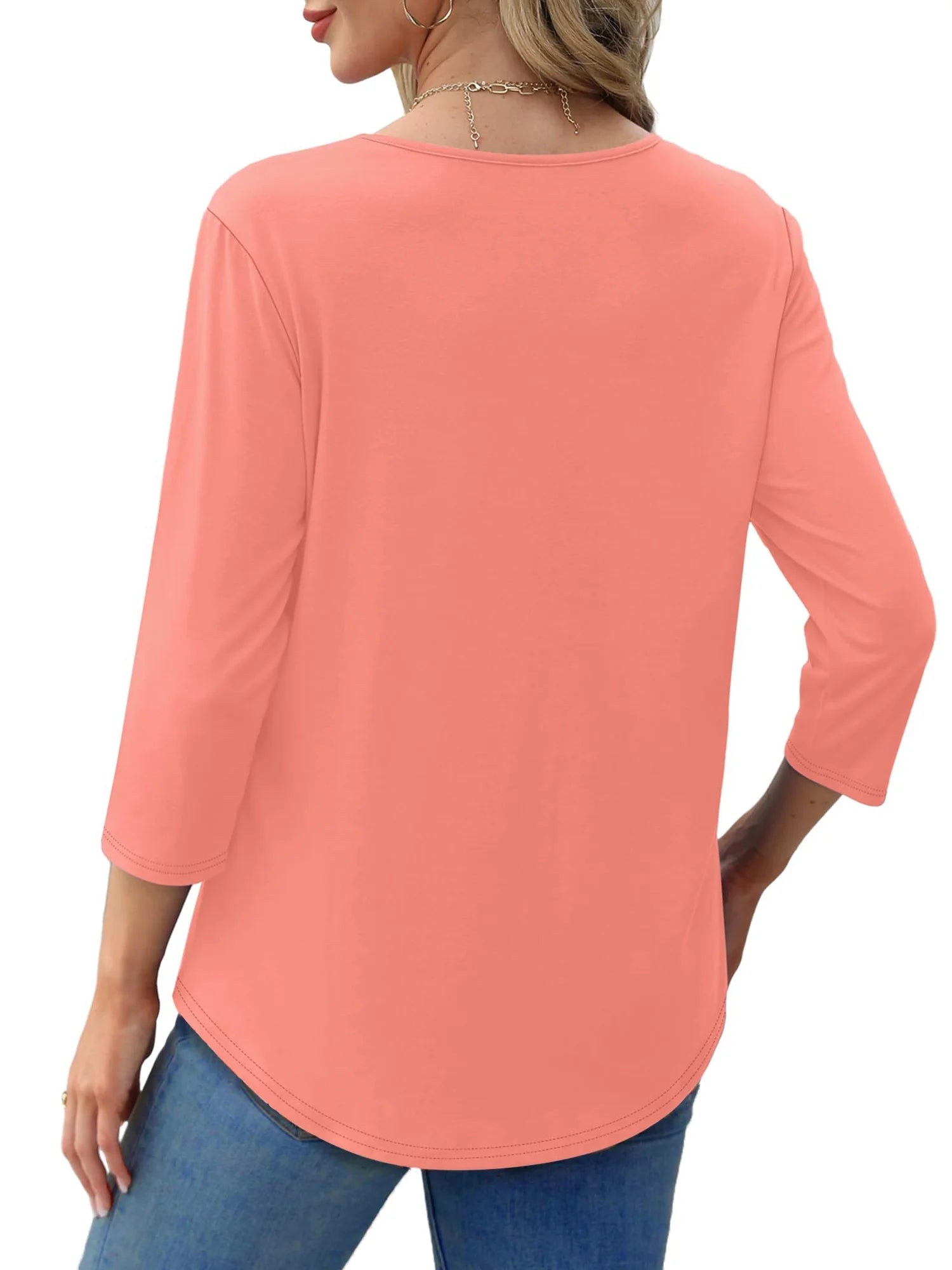 Women Summer Blouses 3/4 Sleeves Loose Fit Shirts Ladies Pleated Crew Neck Tunic Tops