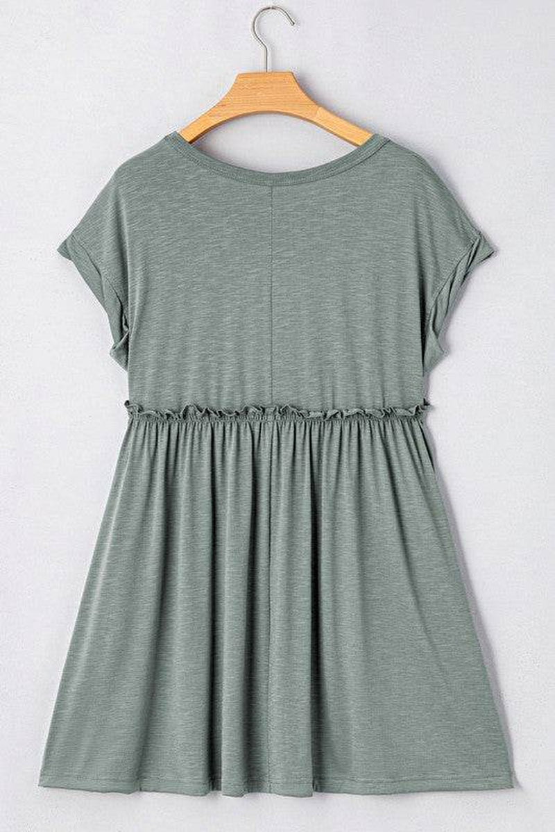 Viscose Green Frilled Seam Pocket T Shirt Dress