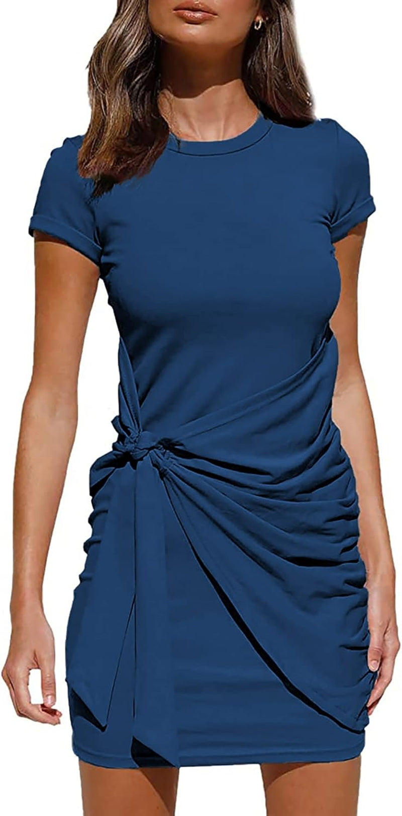 Women 2026 Spring Casual Short Sleeve Ruched Bodycon Tank T Shirt Dress Tie Waist Sun Beach Summer Mini Dresses