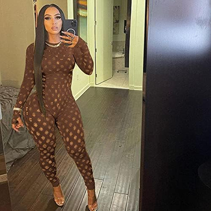 Sexy Bodycon Jumpsuits See through Mesh Lace Hollow Out One Piece Club Outfits Clubwear Coffee Small