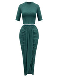 Women'S Knitted Slim-Fit Short Sleeve Top & Asymmetrical Hem Midi Skirt Set, Sexy Summer, 2 Piece Set, Moderate Fabric Thickness, Womenswear