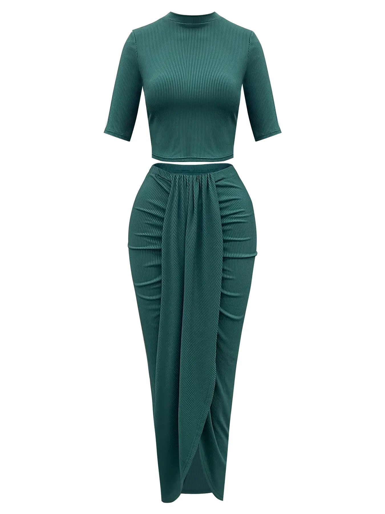 Women'S Knitted Slim-Fit Short Sleeve Top & Asymmetrical Hem Midi Skirt Set, Sexy Summer, 2 Piece Set, Moderate Fabric Thickness, Womenswear
