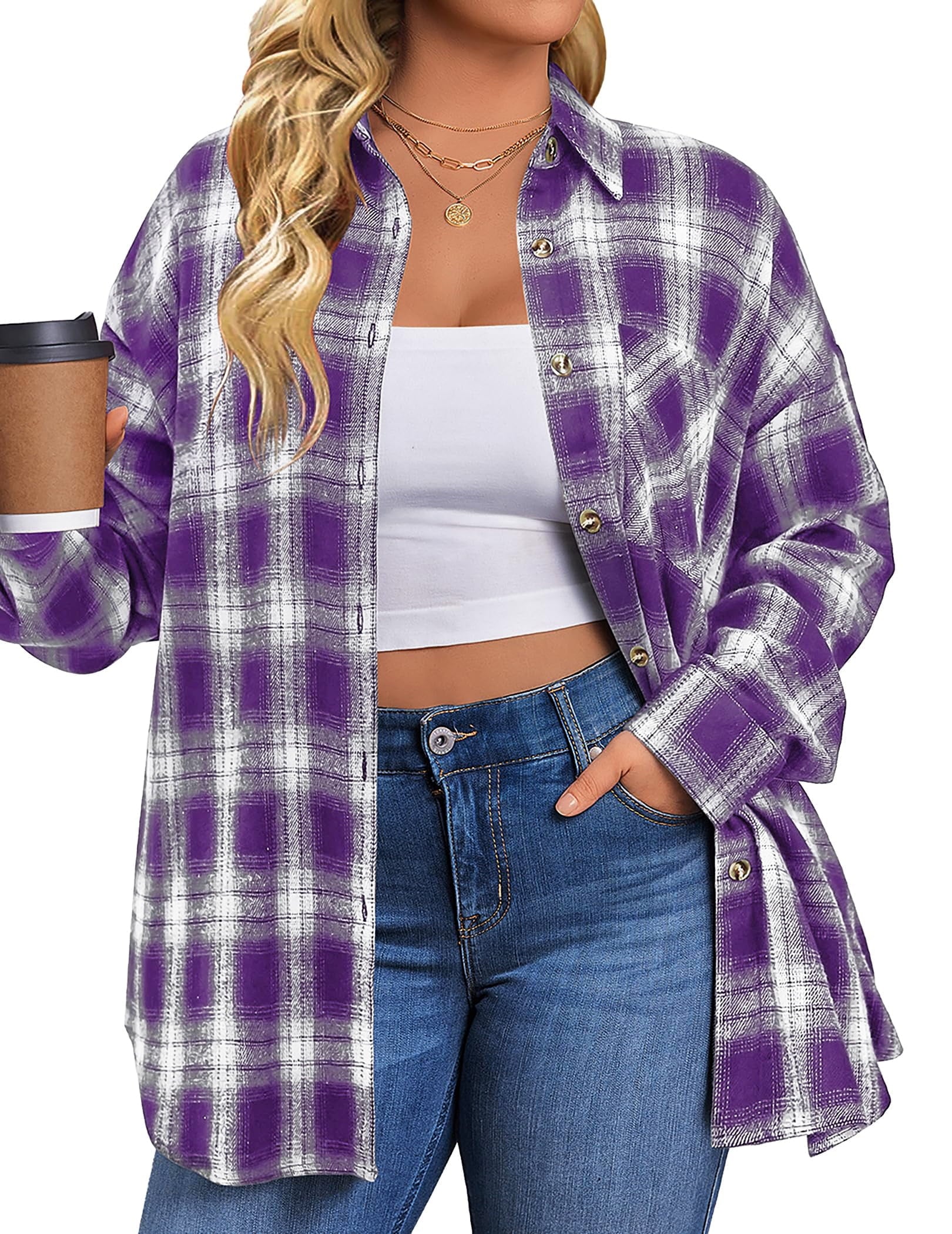 plus Size Flannel Plaid Shirts for Women Long Sleeve Button down Shirts Casual Loose Blouses Tops