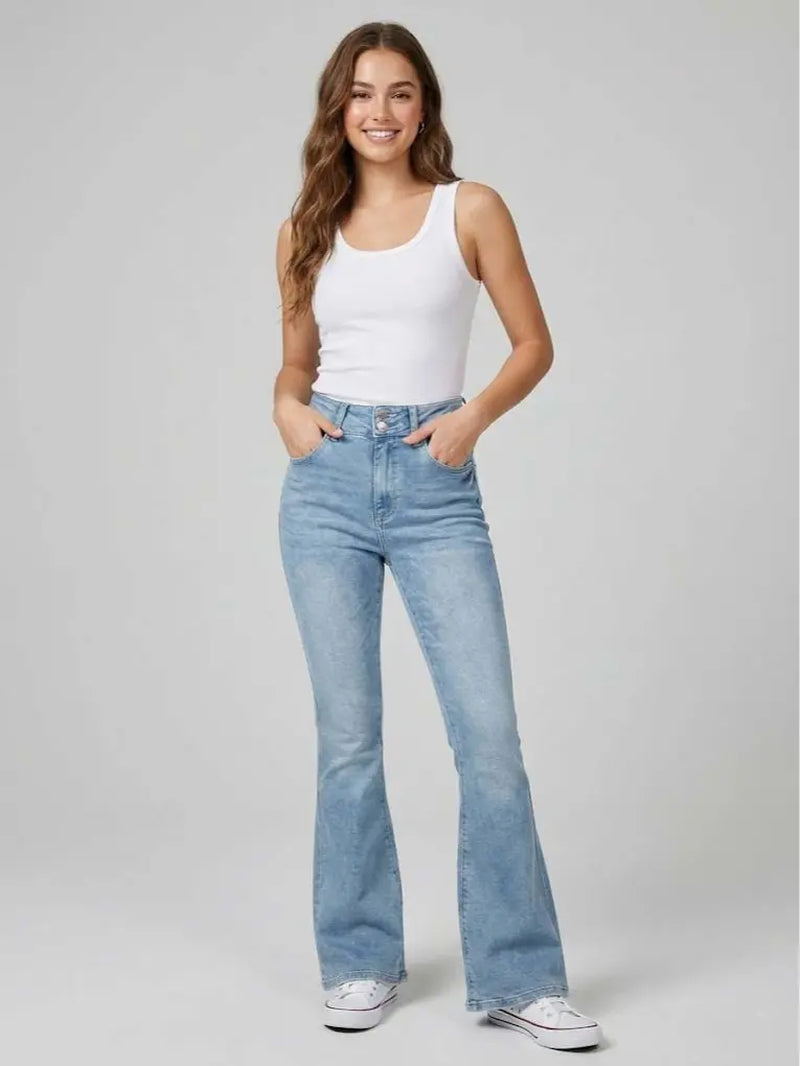 70562-Women'S High Rise Bootcut Jeans, Double-Button Denim Pants for Comfortable Style, Distressed Back Pocket Slim Fit