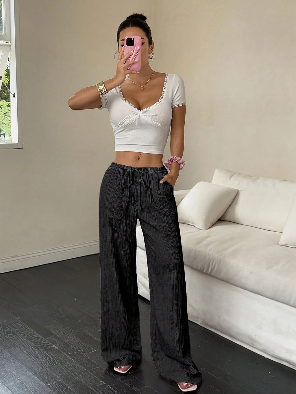 Women'S Wide Leg Pants, High Waisted Drawstring Palazzo Pants, Lightweight Textured Trousers with Pockets, Casual Lounge Beach Vacation