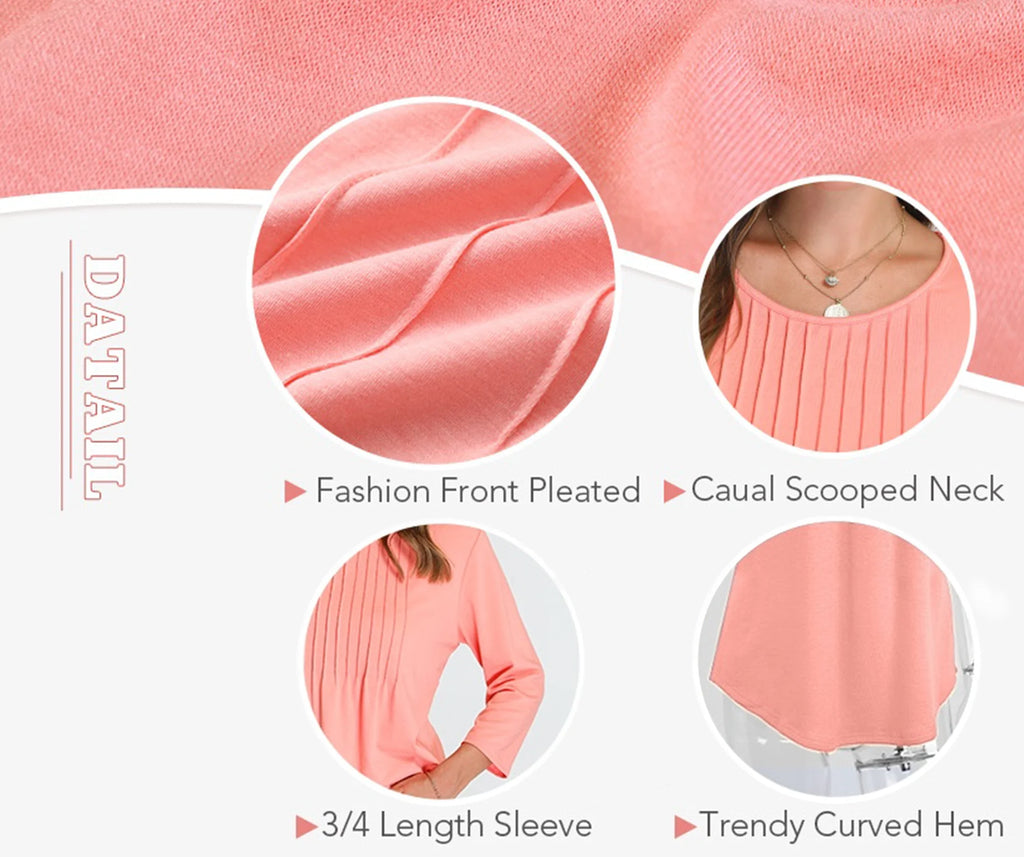 Women Summer Blouses 3/4 Sleeves Loose Fit Shirts Ladies Pleated Crew Neck Tunic Tops