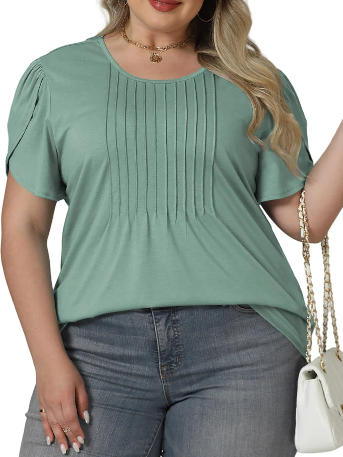 Womens plus Size Tops Dressy Petal Sleeve Shirts 2025 Crew Neck Summer Loose Fit Blouses 5X Lake Green