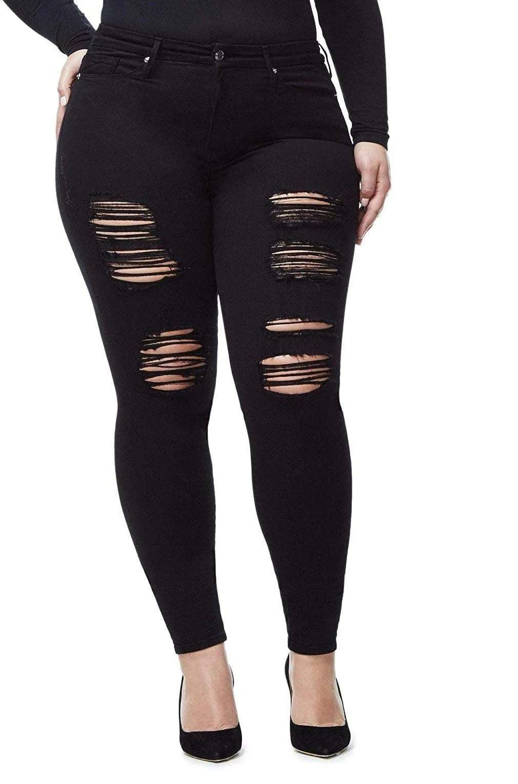 Womens plus Size Stretch Distressed Ripped Skinny Black Denim Jeans Pants (L0023XL)