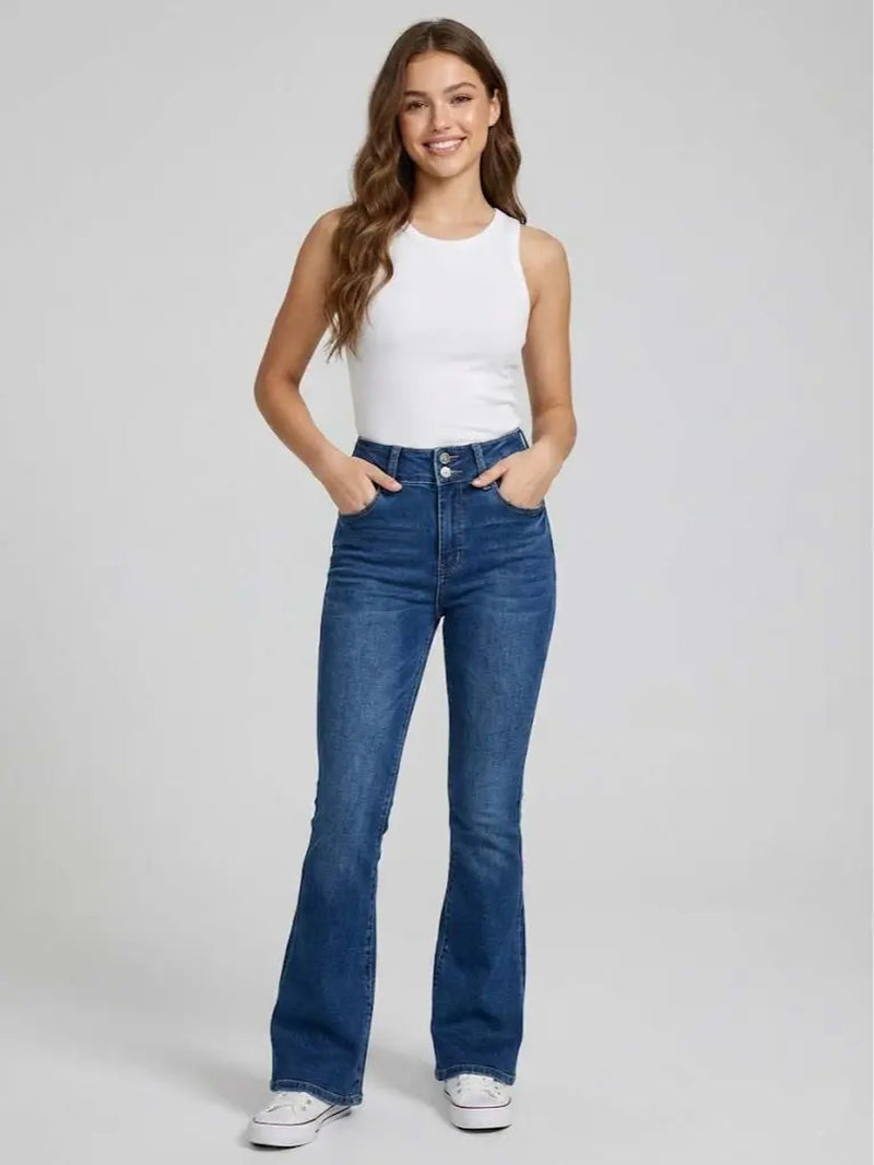 70562-Women'S High Rise Bootcut Jeans, Double-Button Denim Pants for Comfortable Style, Distressed Back Pocket Slim Fit