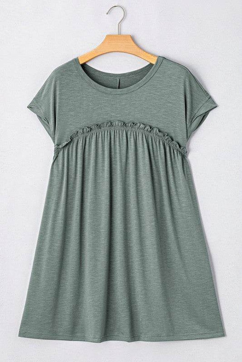 Viscose Green Frilled Seam Pocket T Shirt Dress