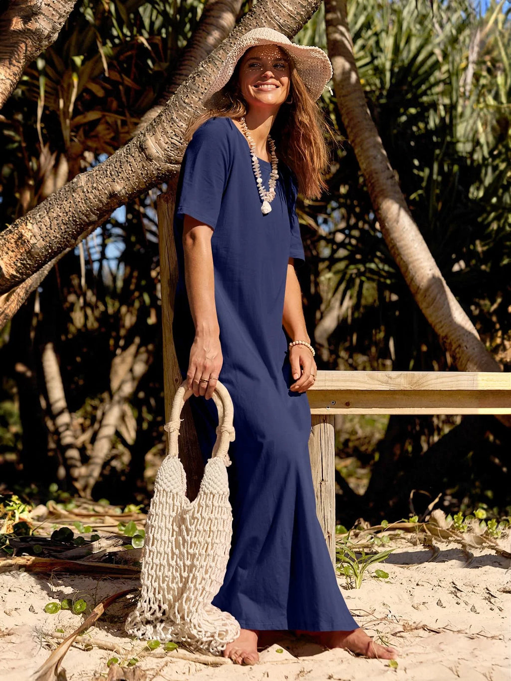 Women'S 2025 Short Sleeve Casual Summer Basic Long Maxi Dresses with Pockets(Navy-Xl)