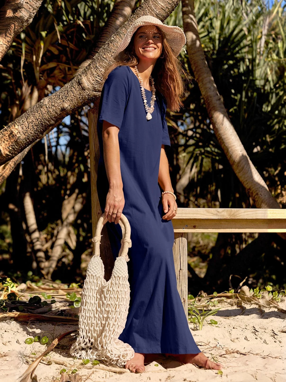 Women'S 2025 Short Sleeve Casual Summer Basic Long Maxi Dresses with Pockets(Navy-Xl)
