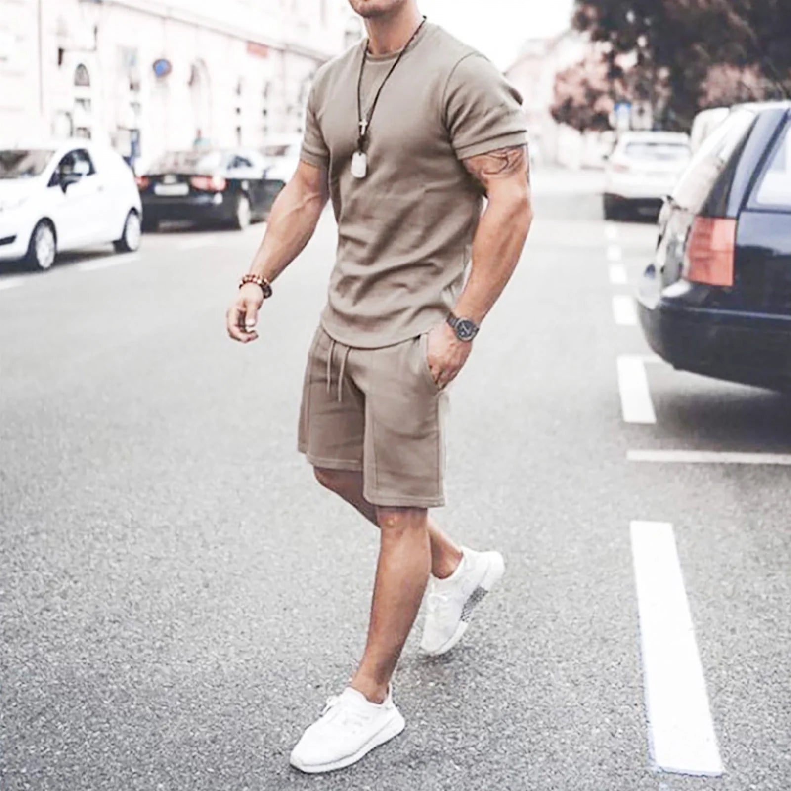 Mens Shorts Set Summer 2 Piece Outfits Casual Solid Shirt and Short Sets Athletic Sportswear Suit Sweatsuit Tracksuits