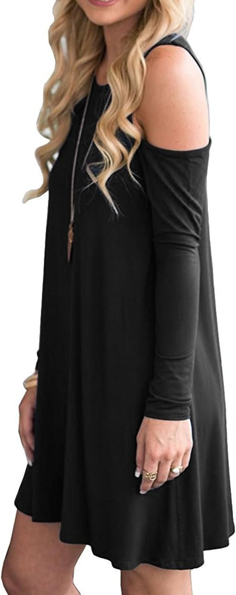 Women'S Cold Shoulder Tunic Top Swing Dresses Loose T-Shirt Casual Dress with Pockets (Xx-Large, 0-Long Sleeve-Black)