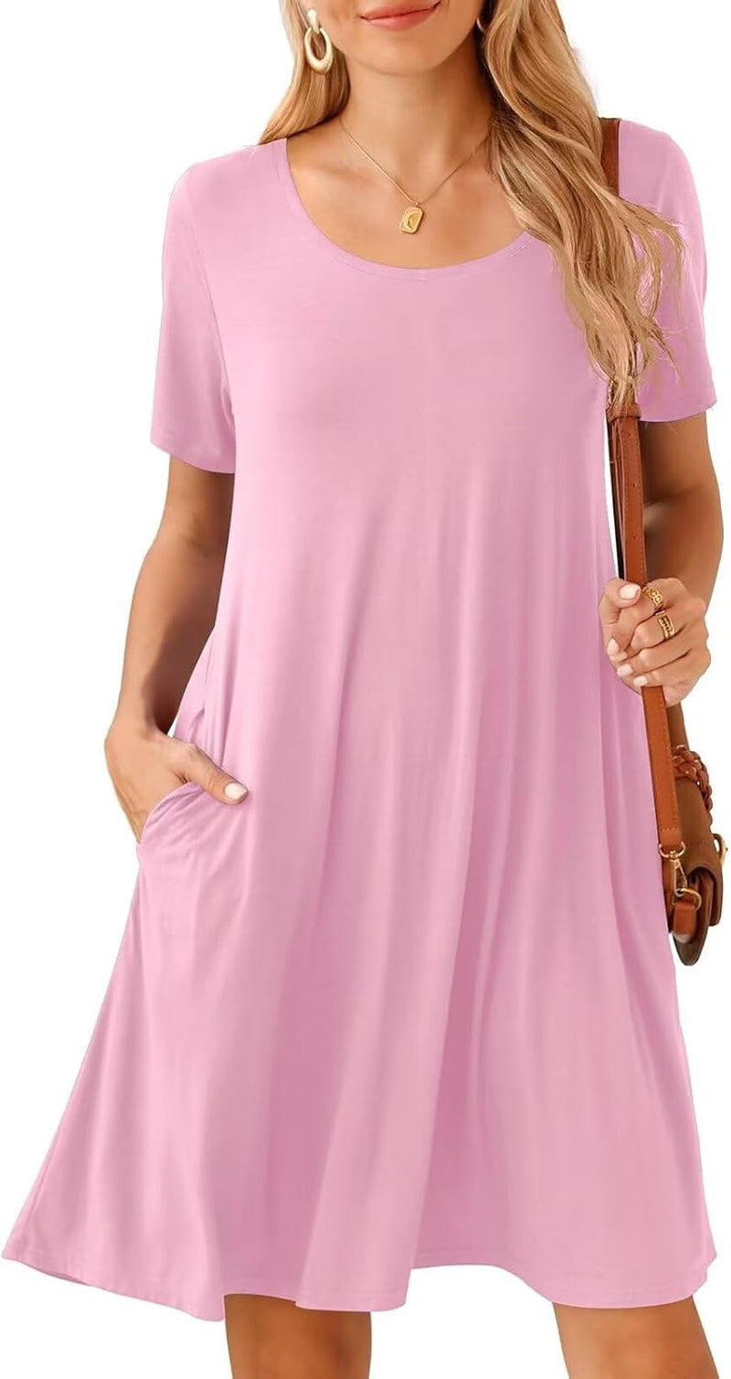 plus Size Dress for Women Summer T Shirt Dress Flowy Short Sleeve Pockets Casual Swing Tunic Solid Basic(4X,Pink)