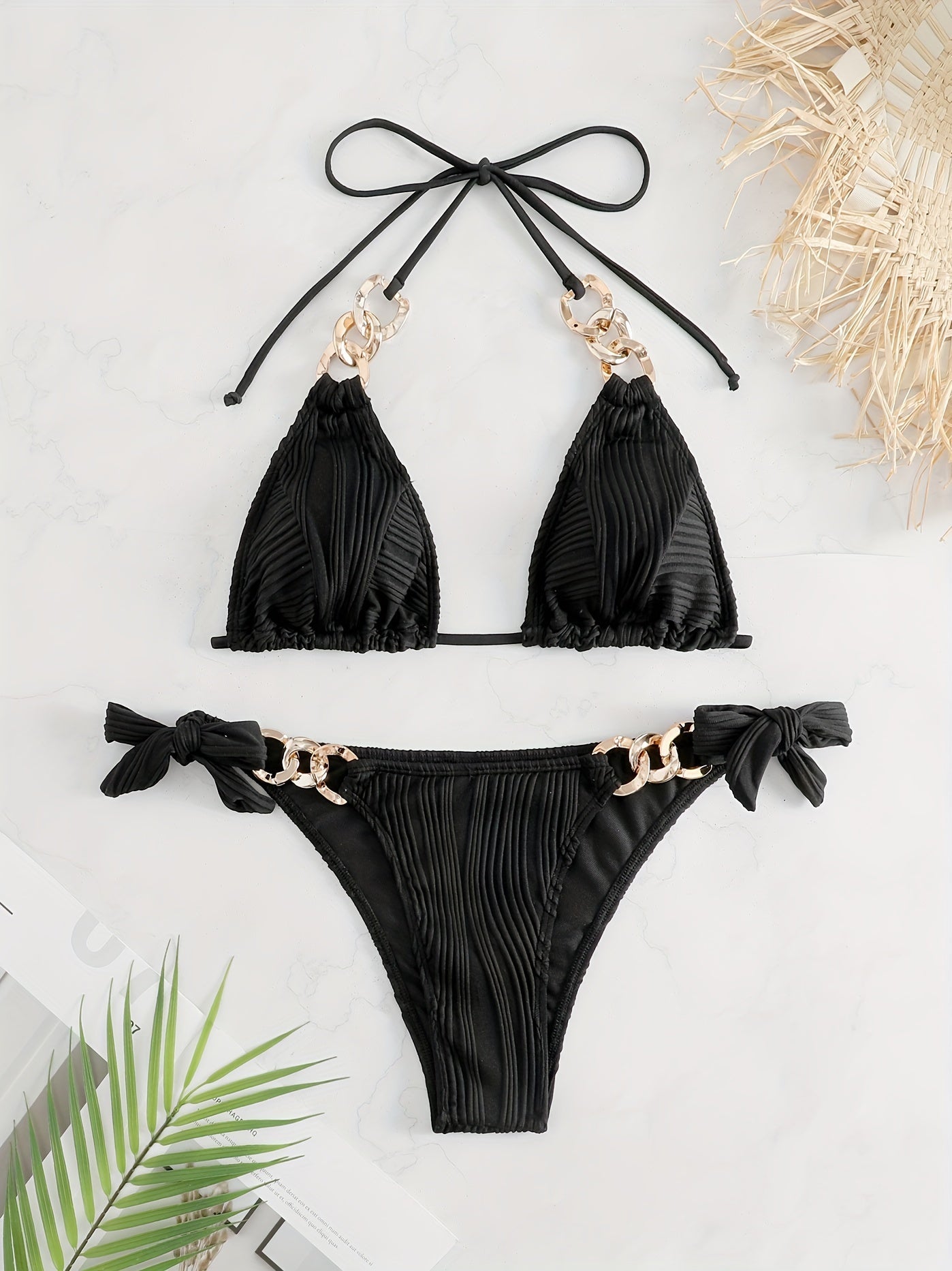 Bikini Ruched Texture Golden Chain 2 Piece Triangle Swimsuit for Women – Striped Halter Bikini Set with Bow Tie Side and Elegant Ring Link Detail – Stretchy Beachwear for Pool Bathing and Summer Vacations