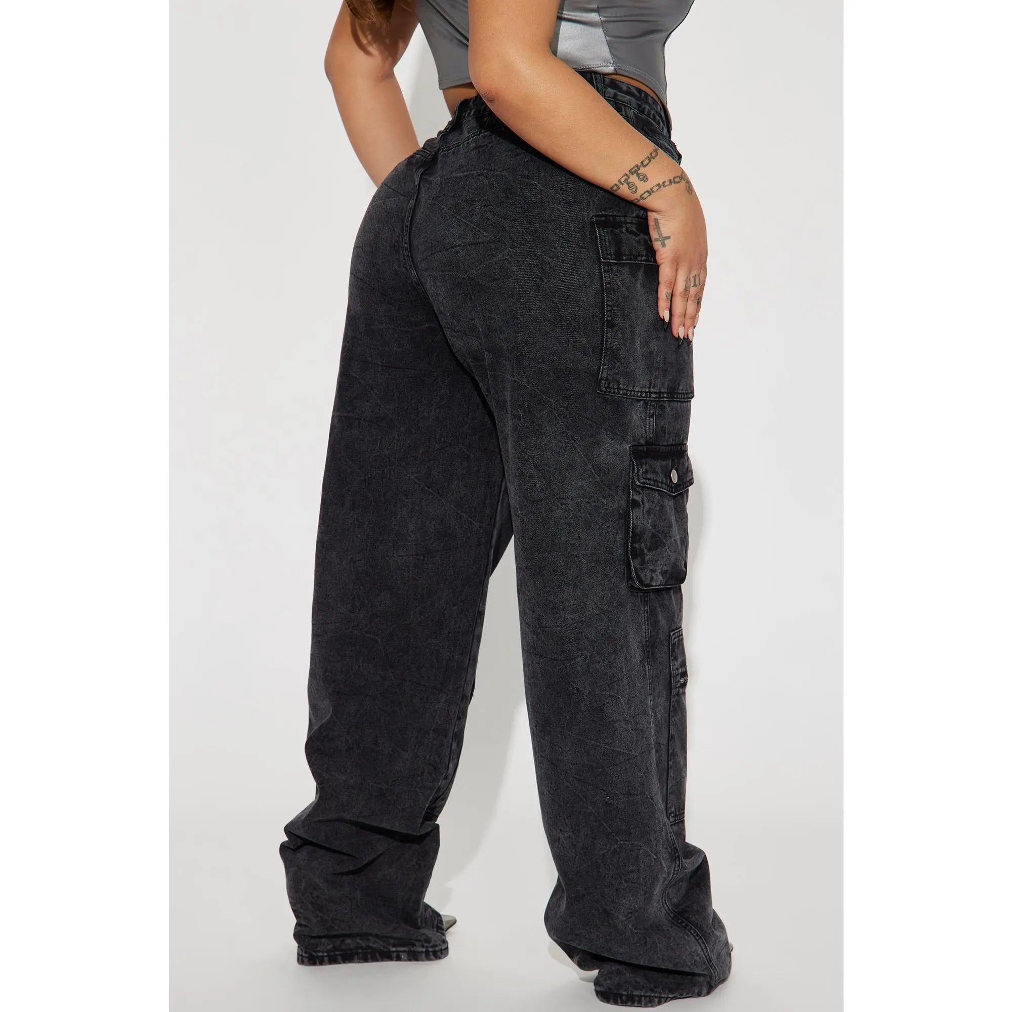 Tall Mad for You Cargo Jeans - Acid Wash Black