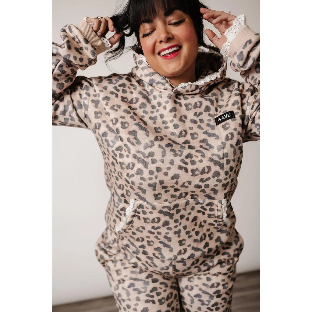 Comfort Zone Hoodie - Leopard Lace | Womenswear Fleece Lined Sweatshirt | Leopard Print | Lace Trim | plus Size
