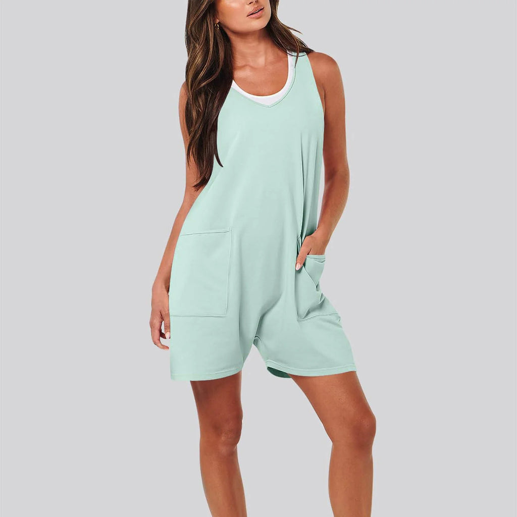Summer 2025 Short Jumpsuits for Women Casual Rompers Sleeveless Loose Spaghetti Strap Shorts Overalls Jumpers with Pockets Light Blue,L