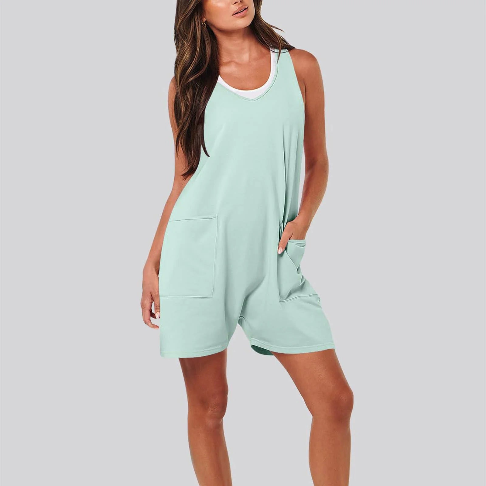 Summer 2025 Short Jumpsuits for Women Casual Rompers Sleeveless Loose Spaghetti Strap Shorts Overalls Jumpers with Pockets Light Blue,L