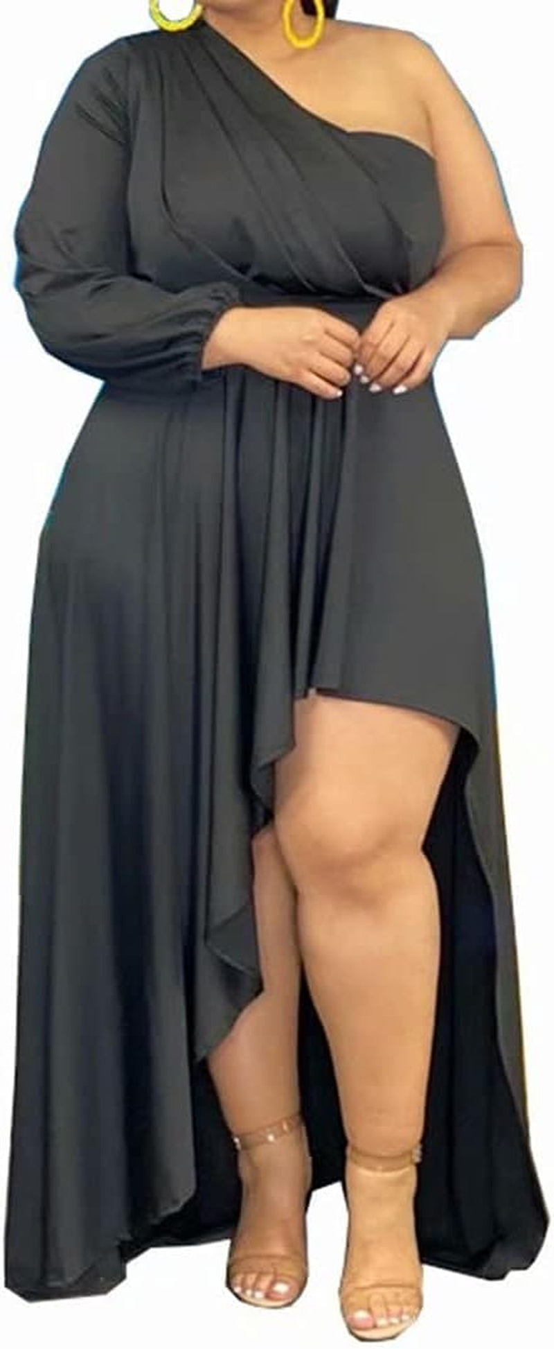 Plus Size Dresses for Women Clubwear - One Shoulder Long Sleeve Ruched High Low Maxi Dress Party Gowns Black 2X