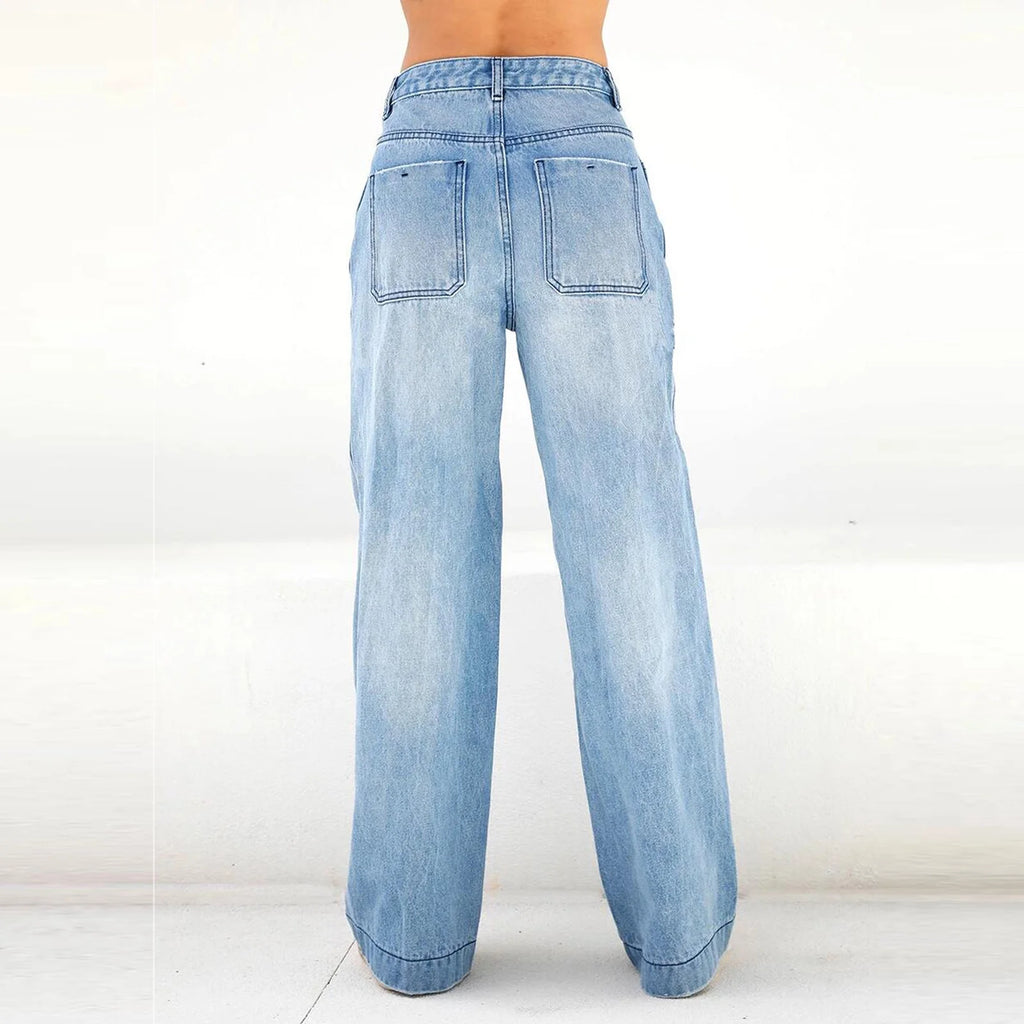 Women'S Fashion Jeans High Waisted Wide Leg Jeans Summer Casual Straight Baggy Jeans Color Block Patch Denim Trousers Dark Blue,L