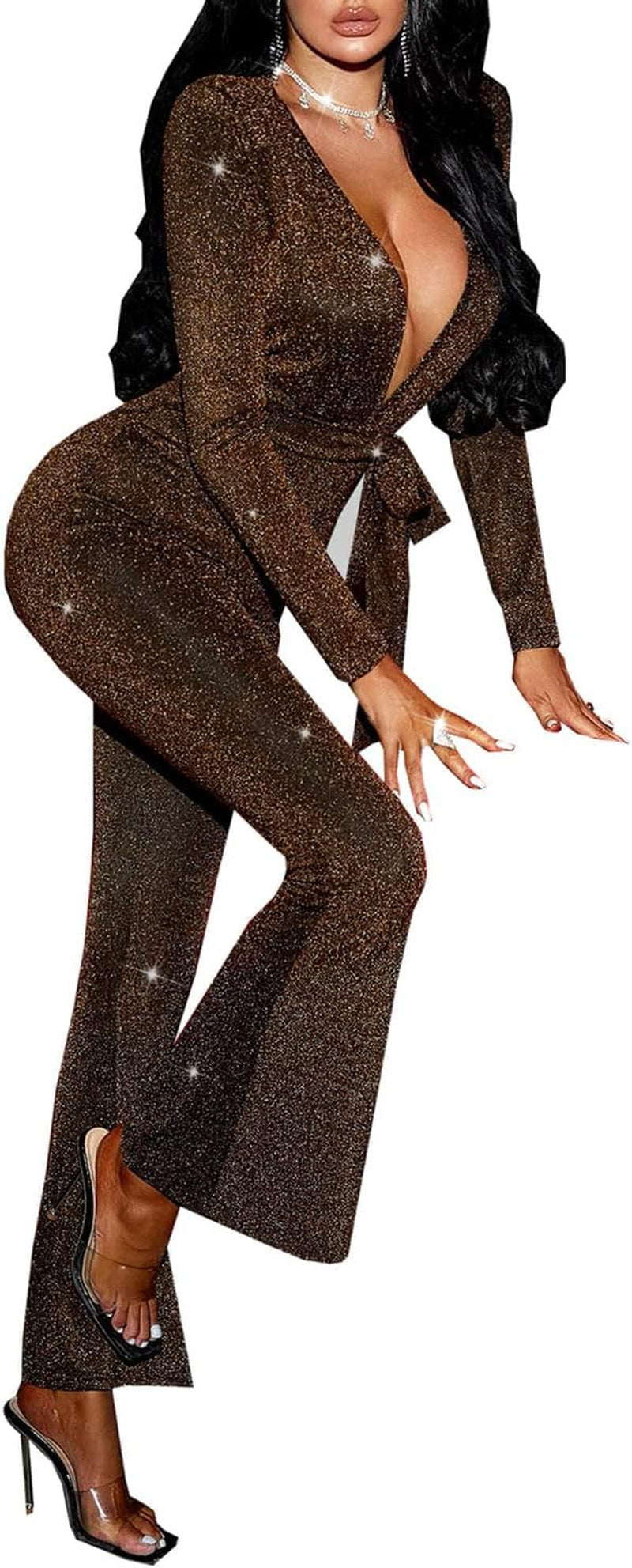 Women'S Sexy Sparkly Jumpsuits Long Sleeve Elegant Party High Waisted Bell Pants Clubwear Jumpsuit Rompers(Medium.10930 Gold)