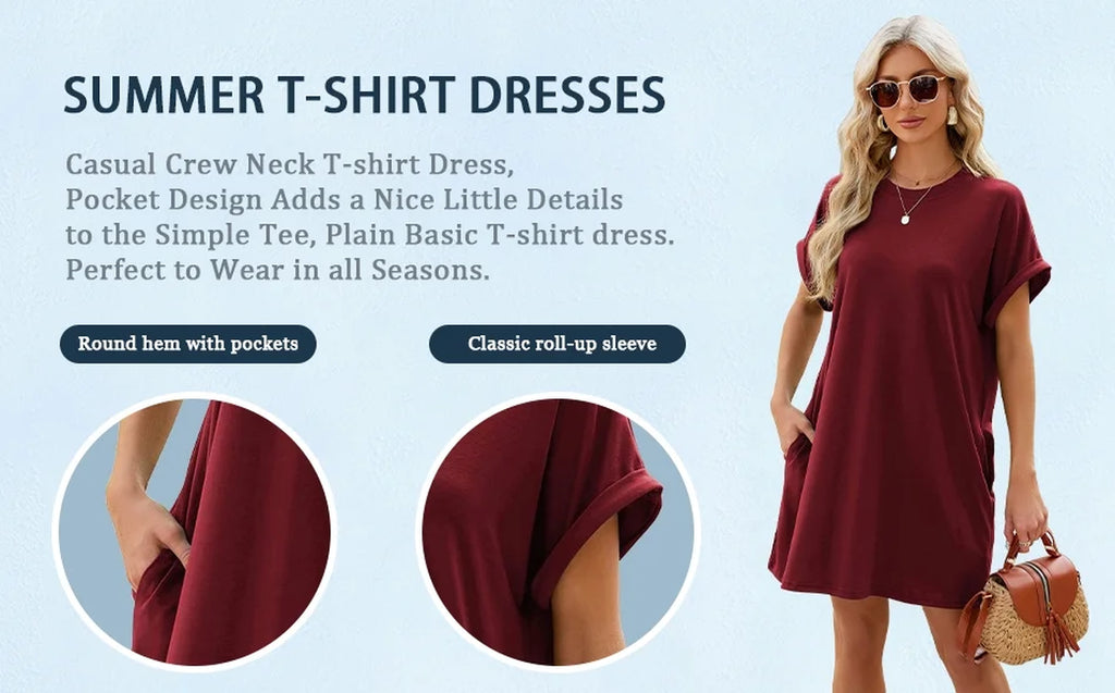 Women'S Summer Casual T Shirt Dresses Short Sleeve Tunic Swing Dress Pockets Loose Fit Sundress Solid Color Winered Size M