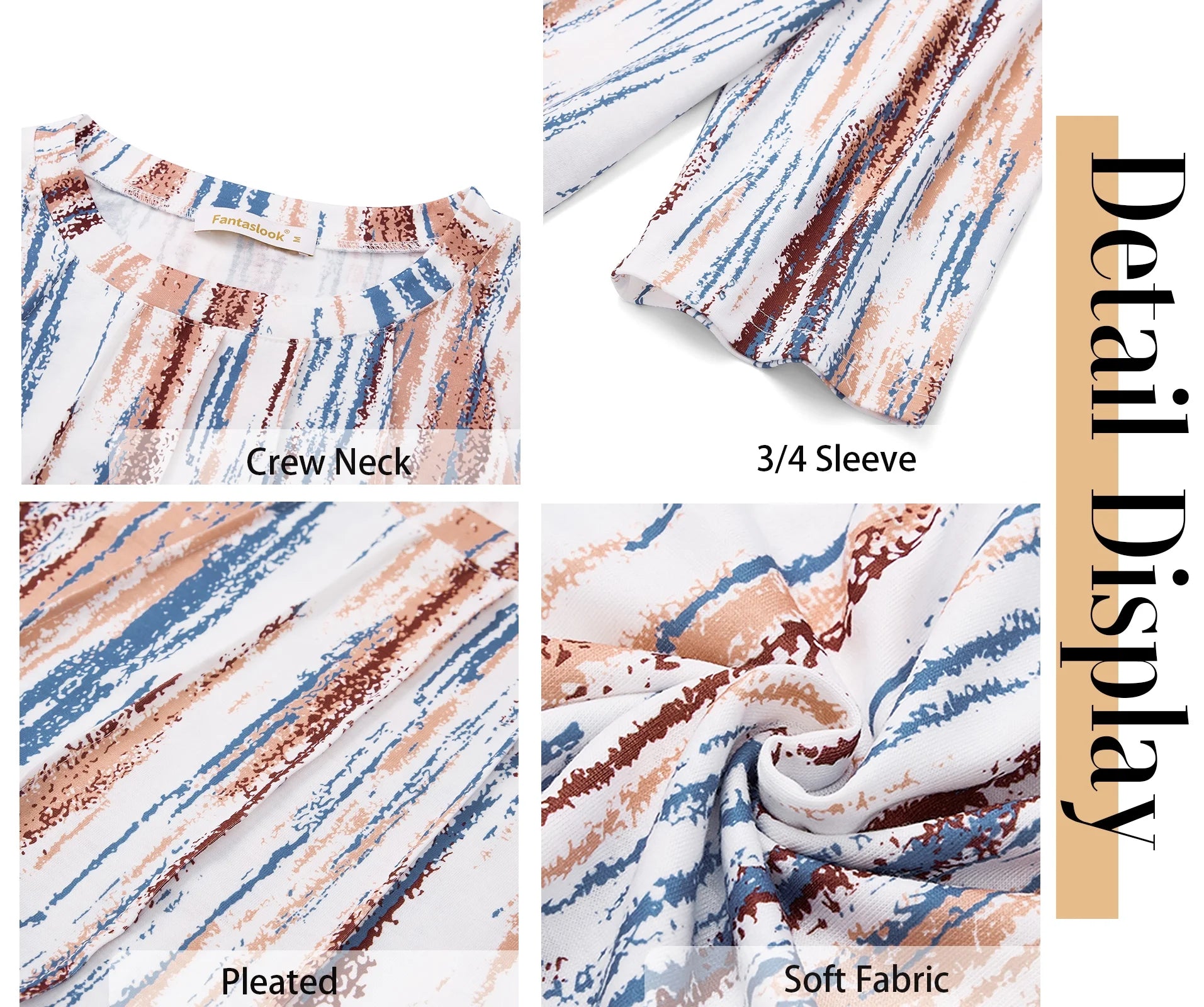 Womens plus Size Tops 3/4 Sleeve Pleated Dressy Blouses Crew Neck Casual Tunic Tops Summer Shirts