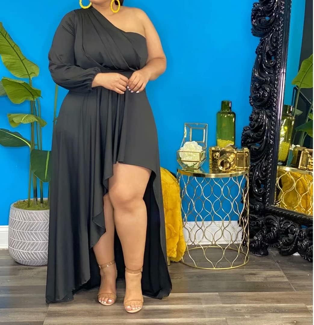 Plus Size Dresses for Women Clubwear - One Shoulder Long Sleeve Ruched High Low Maxi Dress Party Gowns Black 2X