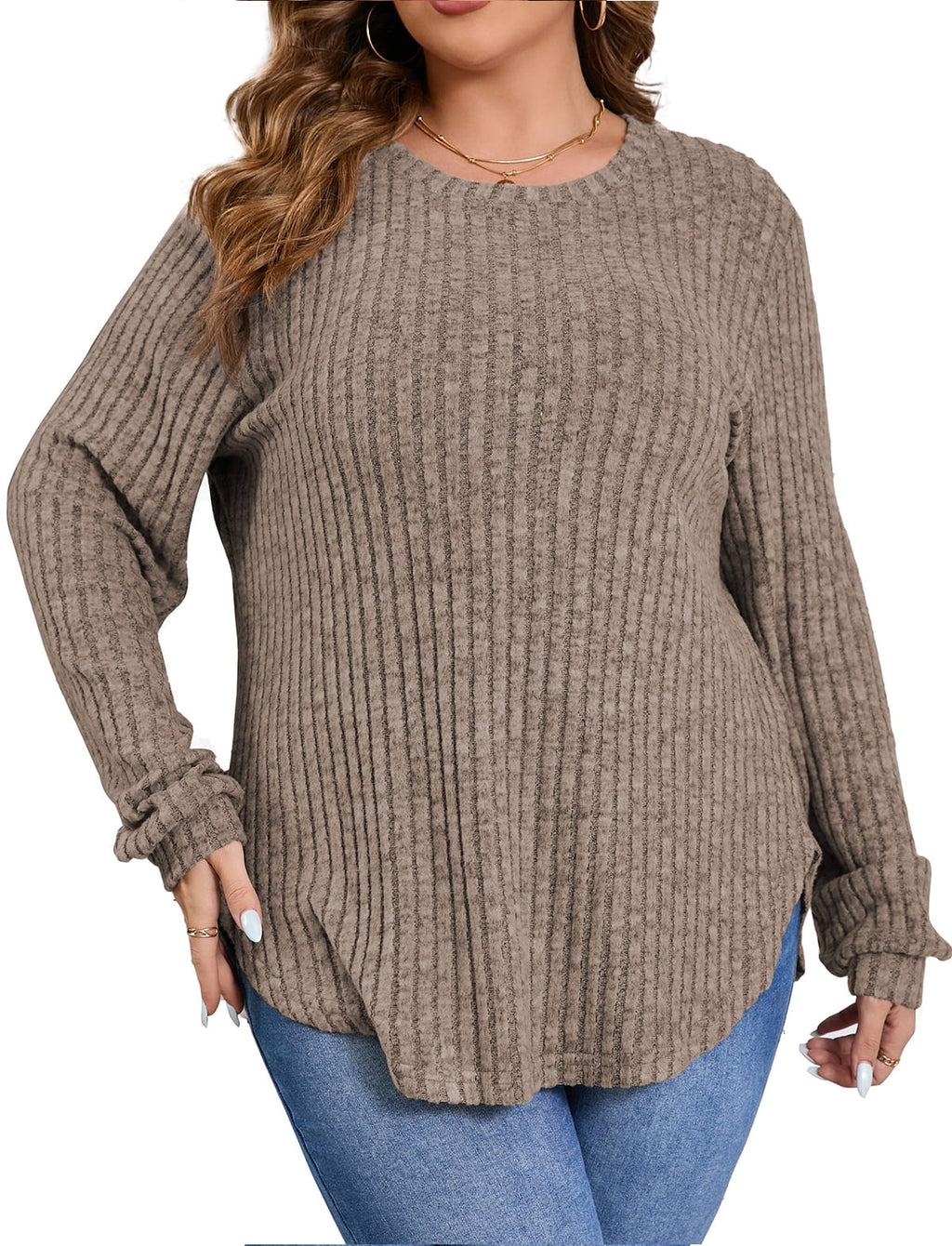 Crewneck Long Sleeve Shirts Loose Tunic Tops Curved Hem Fall Pullover