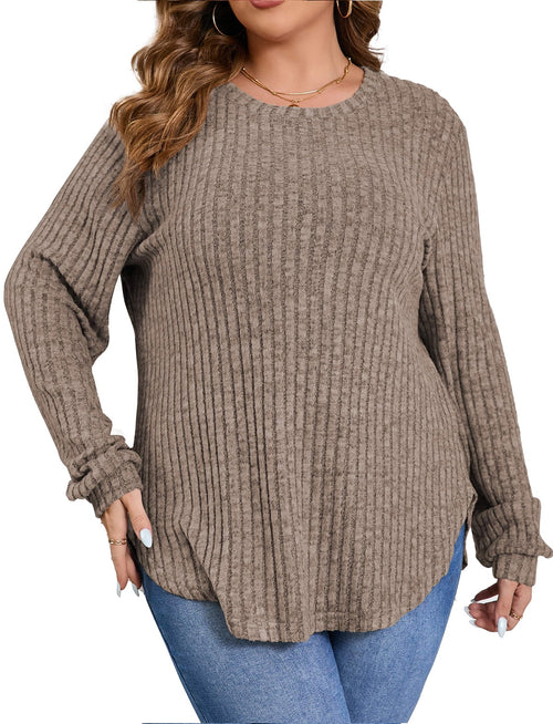 Crewneck Long Sleeve Shirts Loose Tunic Tops Curved Hem Fall Pullover