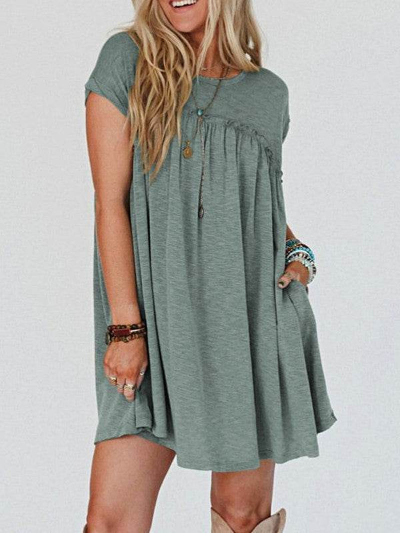 Viscose Green Frilled Seam Pocket T Shirt Dress