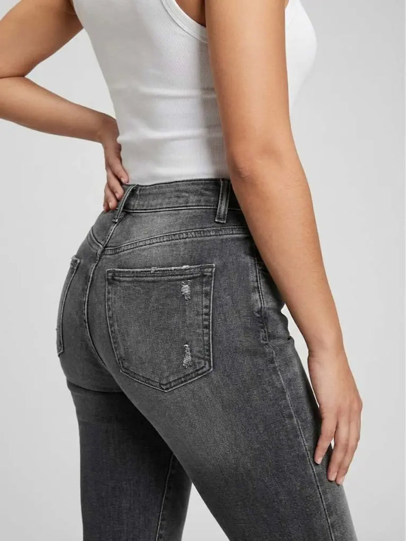 70562-Women'S High Rise Bootcut Jeans, Double-Button Denim Pants for Comfortable Style, Distressed Back Pocket Slim Fit