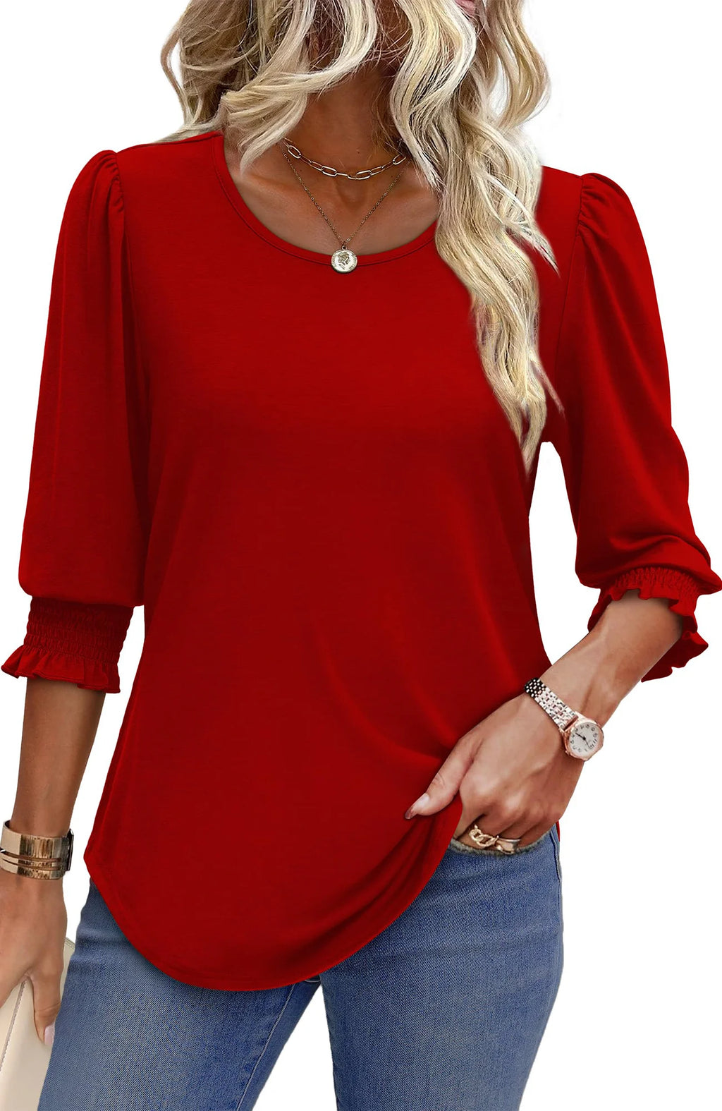 Summer Blouses for Women 3/4 Sleeve Shirts Ladies Casual Crew Neck Womens Tunic Tops