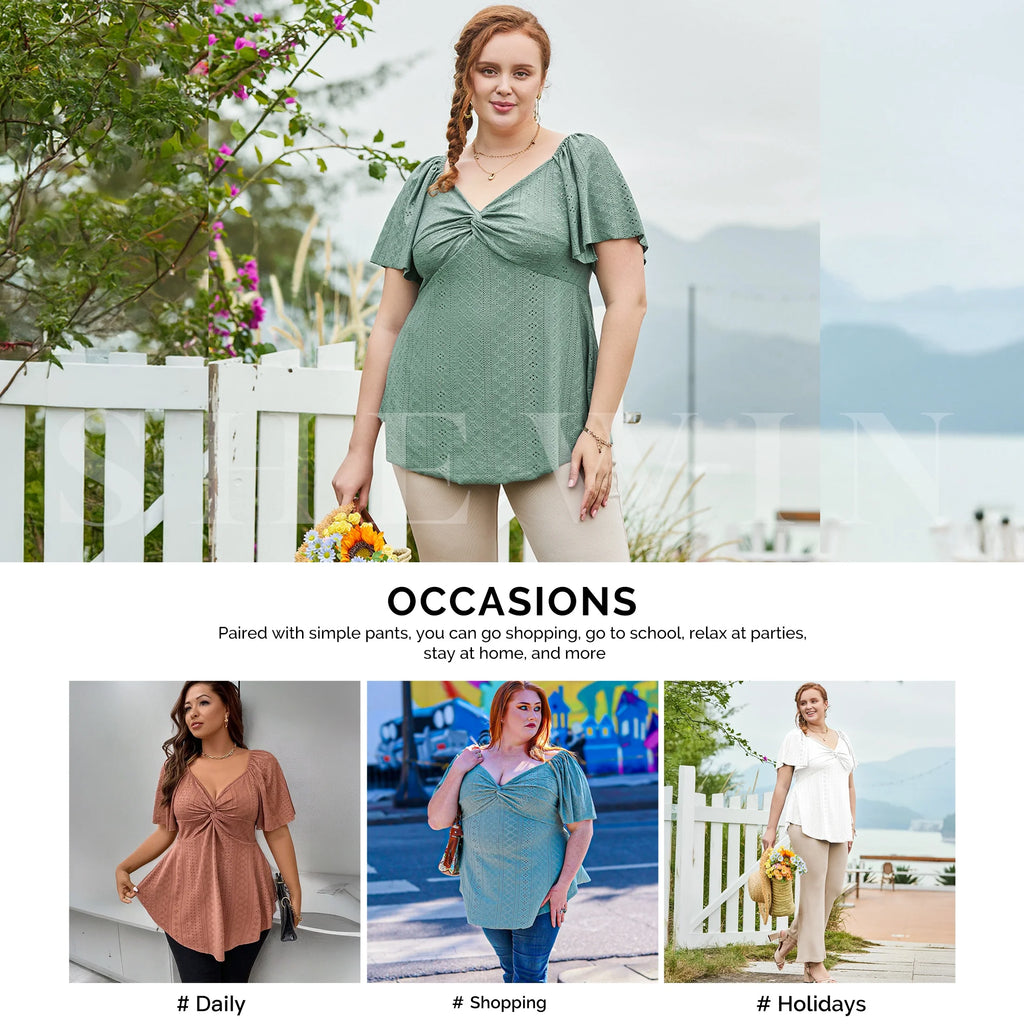 Womens plus Size Tops V Neck Hollow Out Casual High Elasticity Summer Peplum Shirts