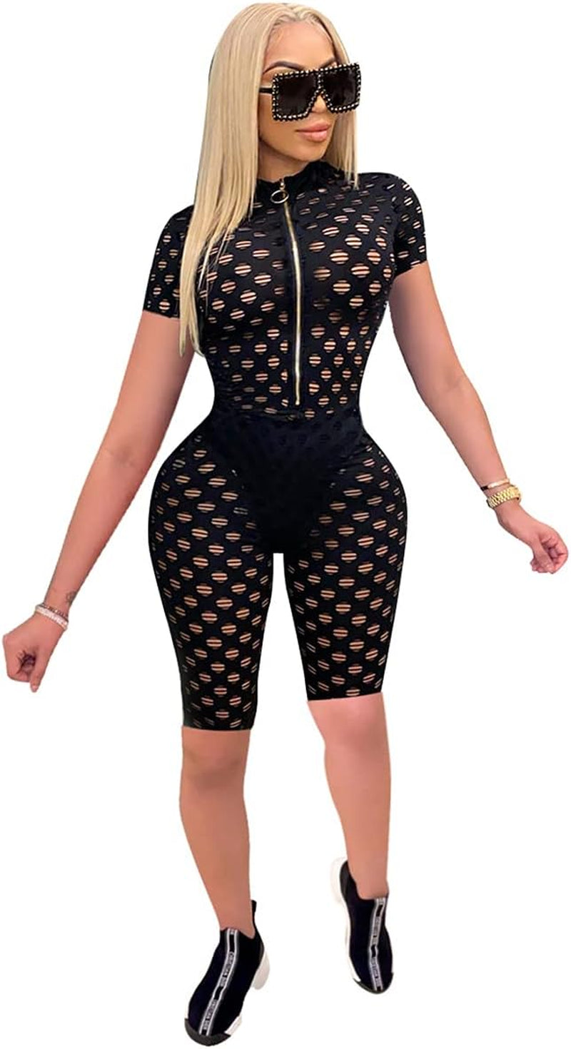 Women'S Sexy Bodycon Jumpsuits See through Short Sleeve Hollow Out Zipper Front One Piece Outfits