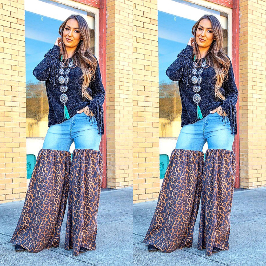 Distressed Light Denim Animal Print Palazzo Wide Leg Jeans