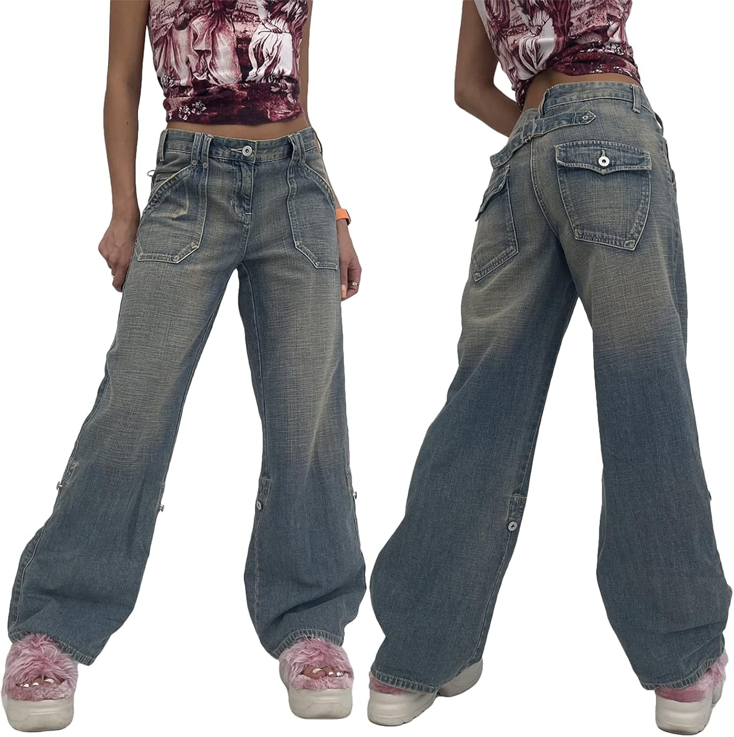 Women Low Waisted Wide Leg Denim Jeans Aesthetic Vintage Baggy Pockets Pants Casual Trousers Y2K E-Girl Streetwear Small