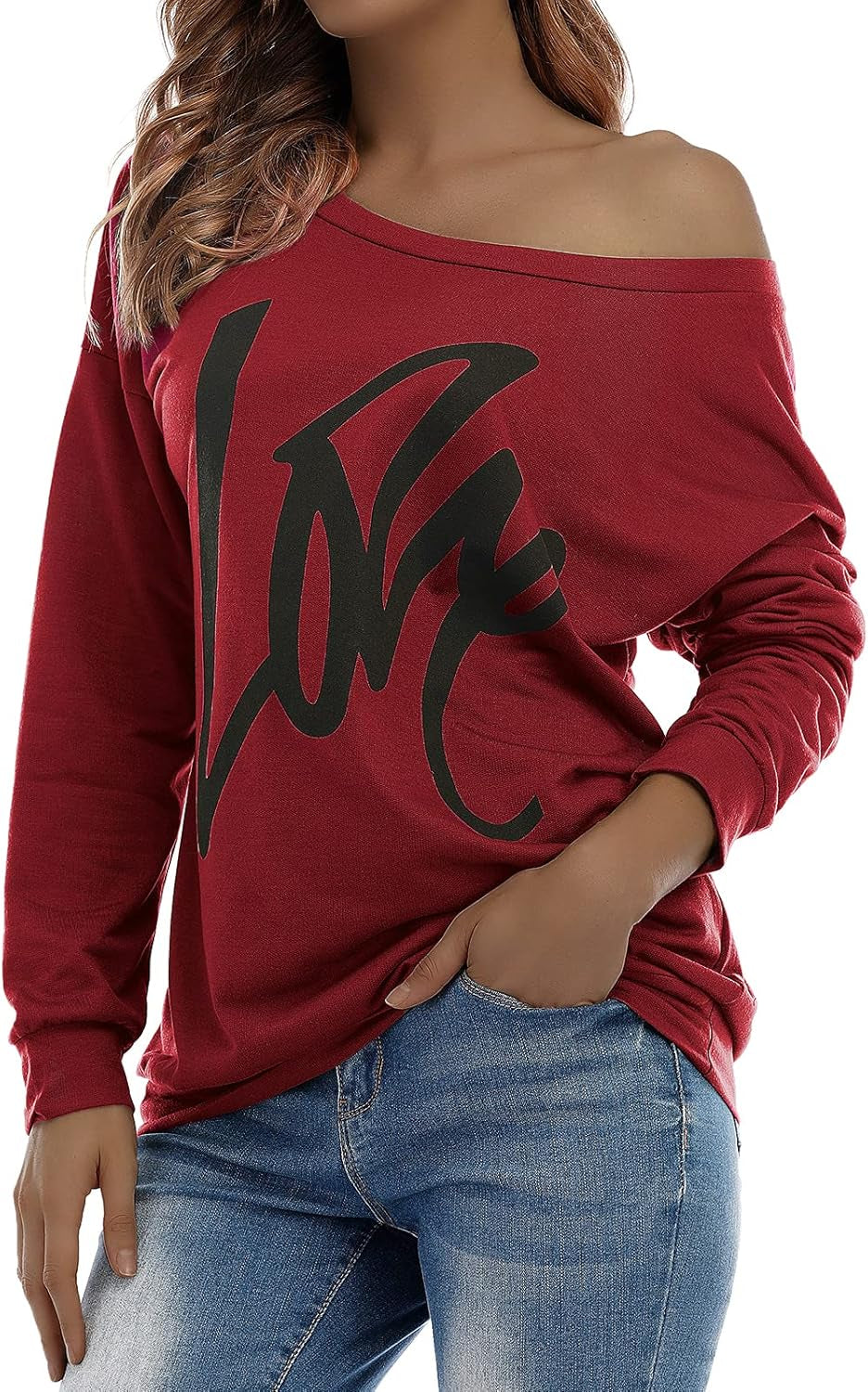 Womens Sweatshirt Love Letter Printed Long Sleeve Pullover off Shoulder Shirt Oversized Top