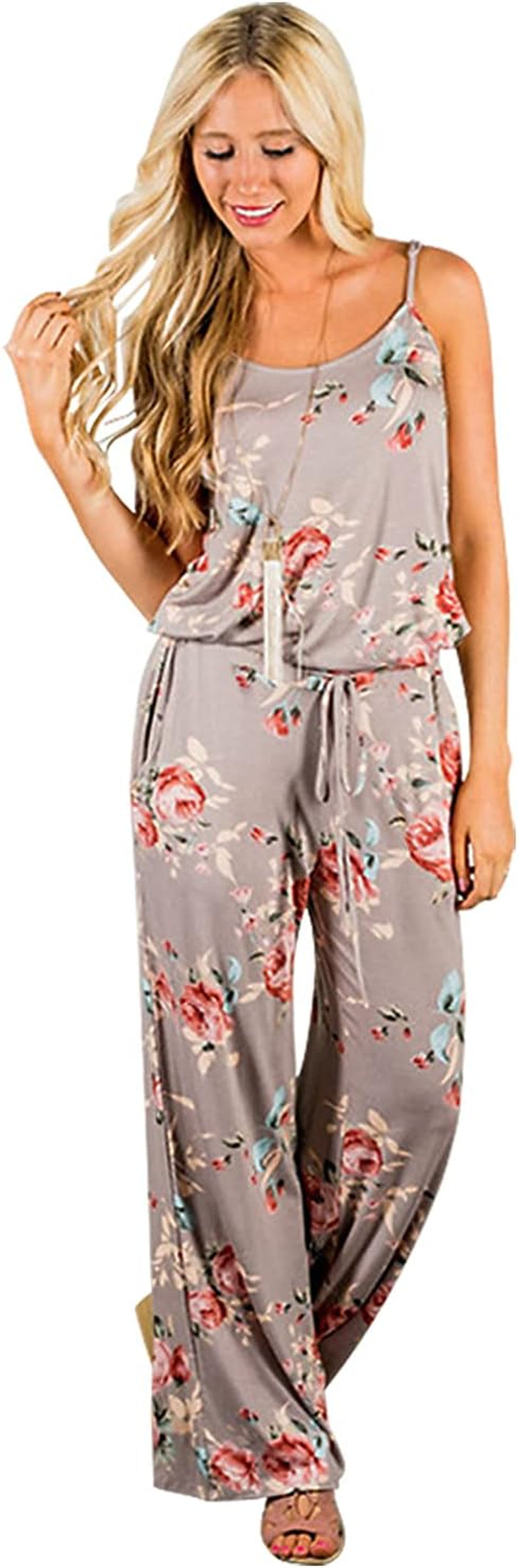 Women'S Floral Printed Jumpsuits Solid Rompers Casual Comfy Striped Jumpsuit with Pockets