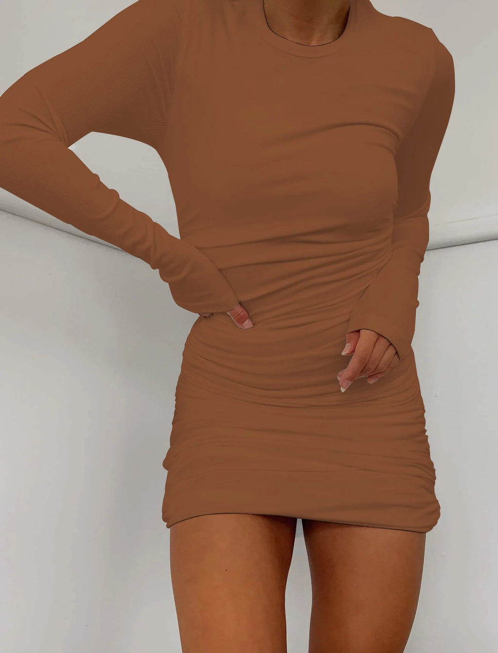 Women'S Sexy Dress Long Sleeve Crew Neck Ribbed Dress for Womens Slim Fit Ruched Stretchy Casual Mini Dresses Caramel Brown