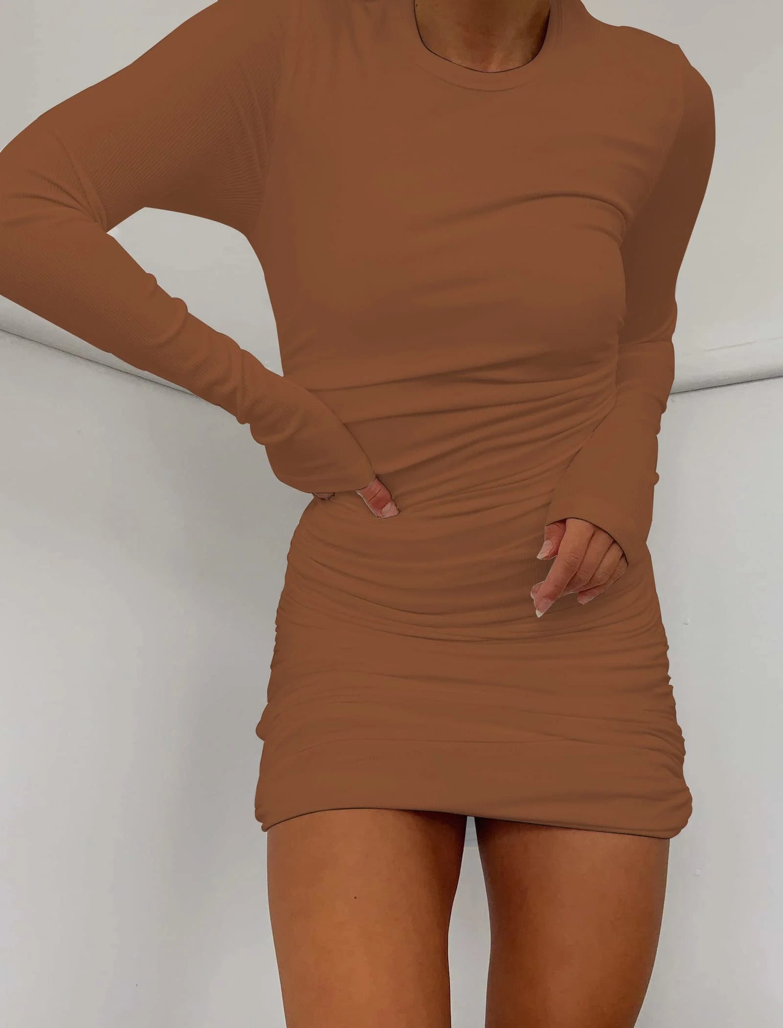 Women'S Sexy Dress Long Sleeve Crew Neck Ribbed Dress for Womens Slim Fit Ruched Stretchy Casual Mini Dresses Caramel Brown