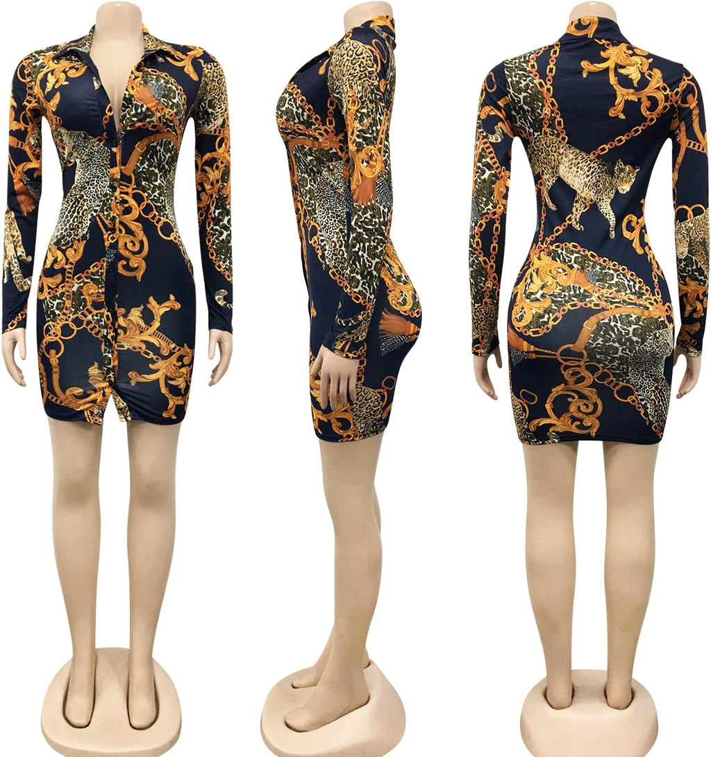 Womens Sexy Deep V Neck Long Sleeve Bodycon Printing Midi Party Cocktail Dress(5299-Blue-M)