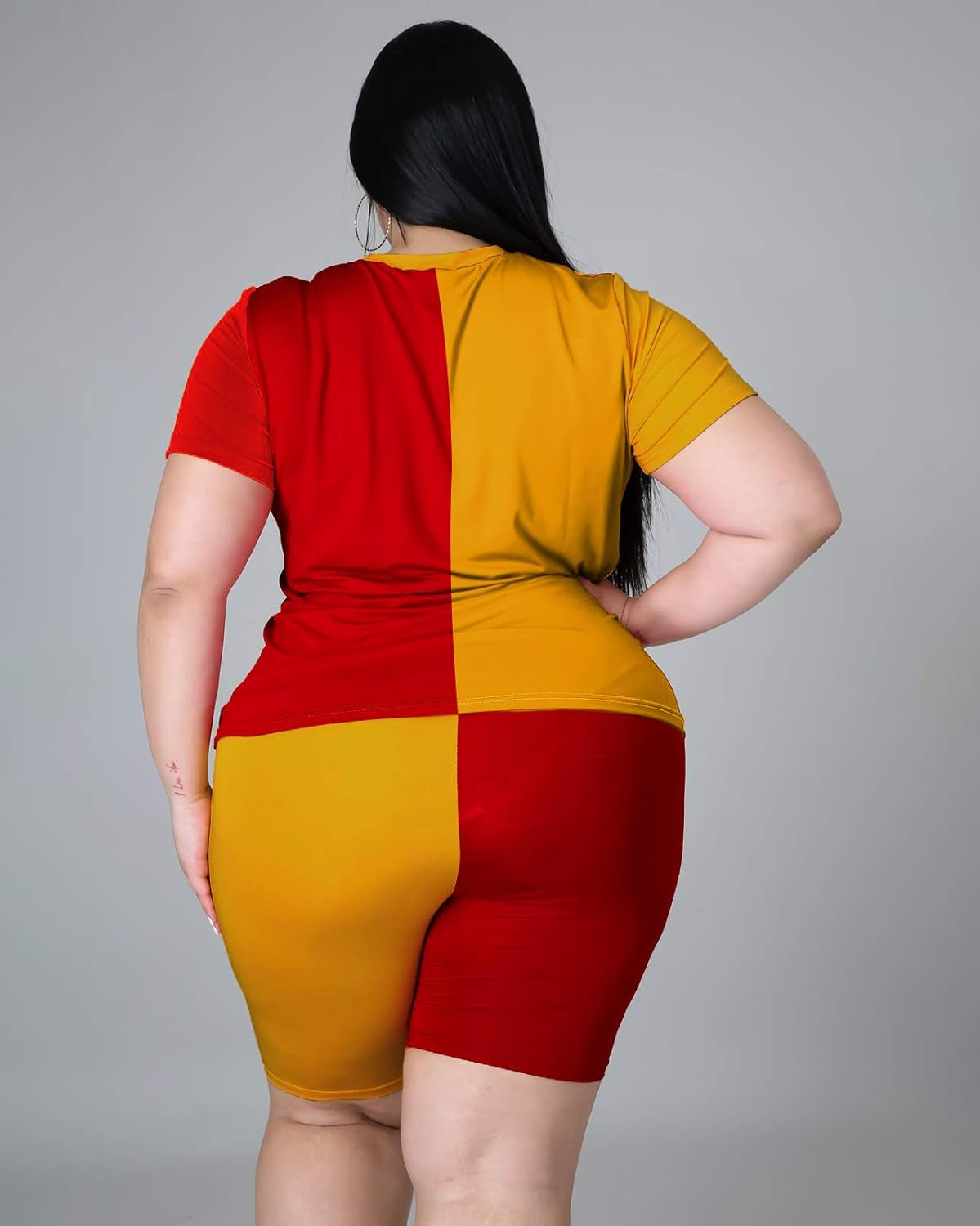 plus Size Casual Summer Two Piece Outfits Women Biker Shorts Set Rompers Color Block 1X Red Yellow